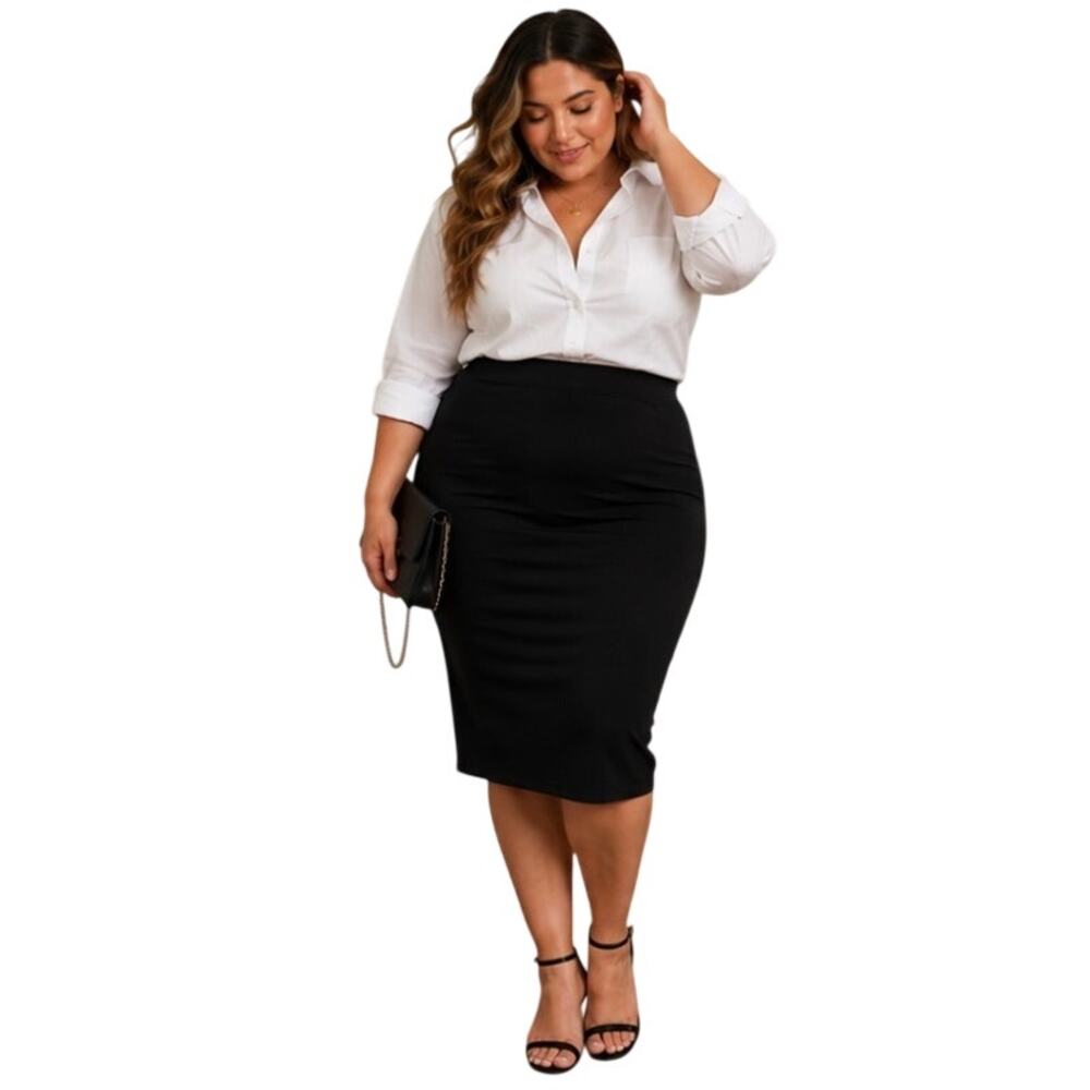 Naked Wardrobe Black Stretch Midi Pencil Skirt, Bodycon, Plus Size 1X